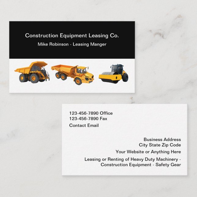Construction Equipment Leasing And Rentals Business Card (Front/Back)