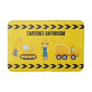Construction Excavator Custom Kids Yellow Bath Mat