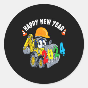 Construction Excavator Happy New Year 2024 For Boy Classic Round Sticker