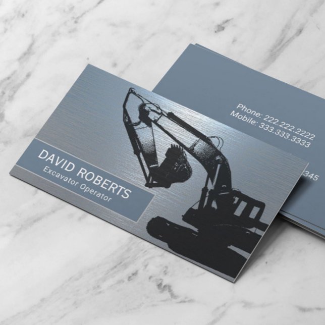 Construction Excavator Operator Dusty Blue Metal Business Card (Creator Uploaded)