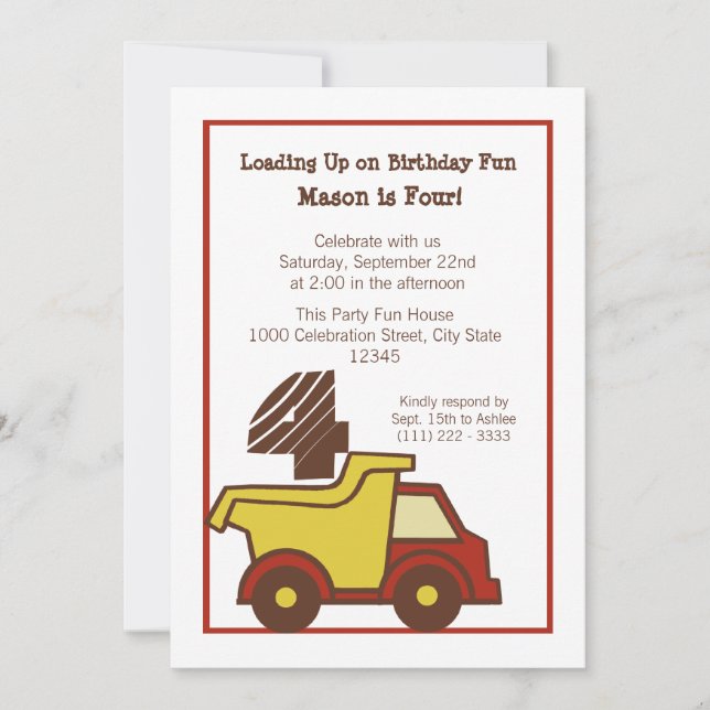 Construction Fun Dump Truck Red Invitation (Front)