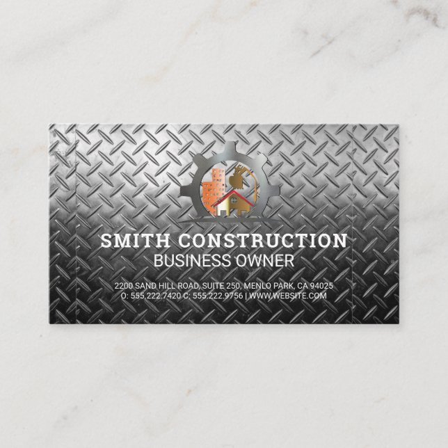 Construction Gear Home | Steel Metallic Background Business Card (Front)