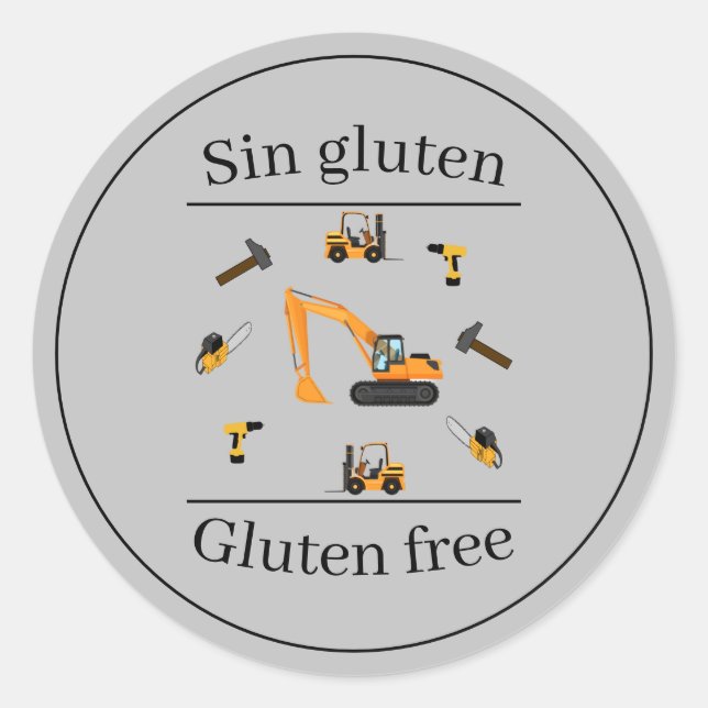 Construction Grey Bilingual Birthday Gluten free Classic Round Sticker (Front)