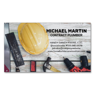 Construction Hand Tools on Wood Table Magnetic Business Card
