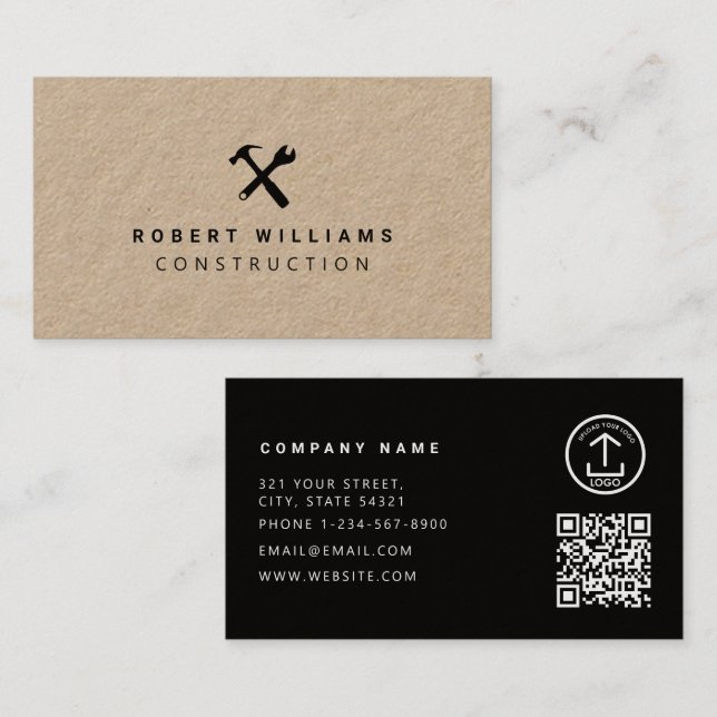 Construction Handyman Tools QR Code Rustic Kraft Business Card (Front/Back)