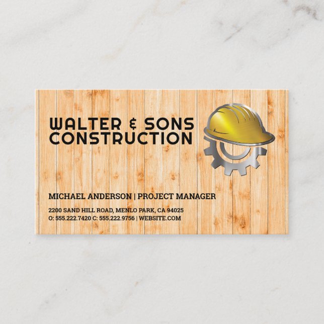 Construction Hard Hat | Wood Background Business Card (Front)