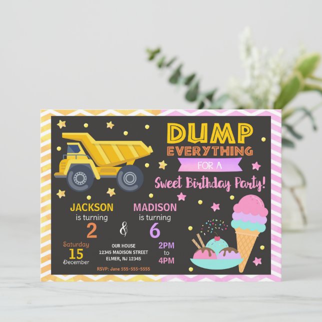 Construction & Ice Cream Joint Birthday Invitation (Standing Front)