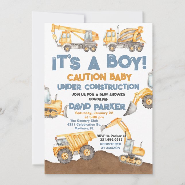 Construction It's a Boy Dump Truck Party Invitation (Front)