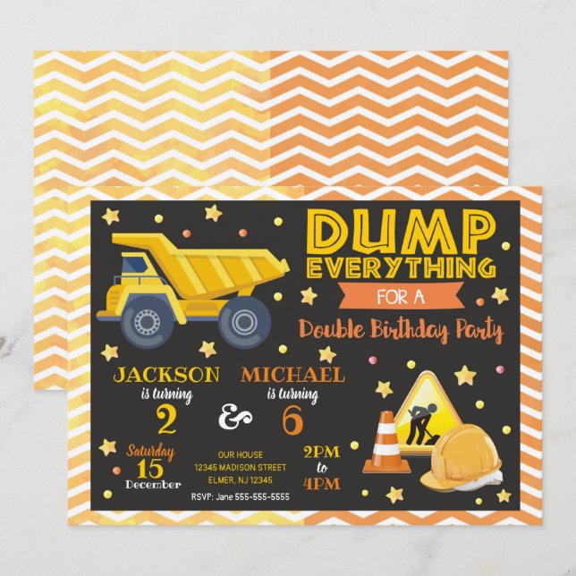 Construction Joint Birthday Invitation Siblings (Front/Back)