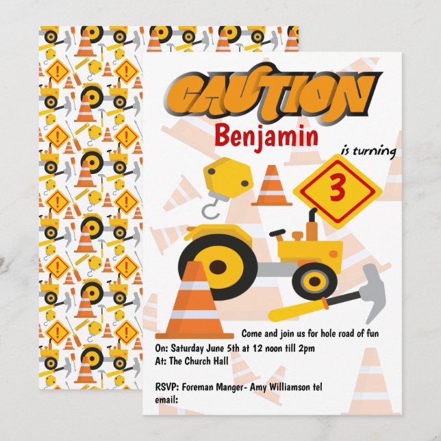 Construction Kids Birthday Party Invitation (Front/Back)