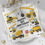 Construction Kids Birthday Party Napkin<br><div class="desc">Kids construction birthday party napkins featuring a simple white background,  with cute cartoon illustrations of bunting,  stop signs,  a dump truck,  a digger,  a cement truck,  a wrecking ball crane,  splatters of dirt,  and a happy birthday template that is easy to personalize.</div>