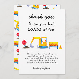 Construction Loads of Fun Birthday Thank You Card