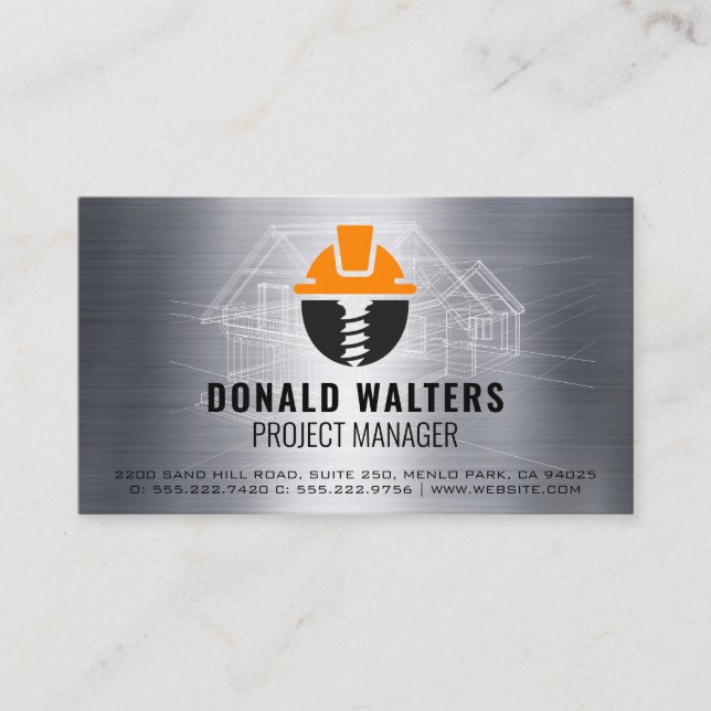 Construction Logo | Blueprint Schematics | Metal  Business Card (Front)