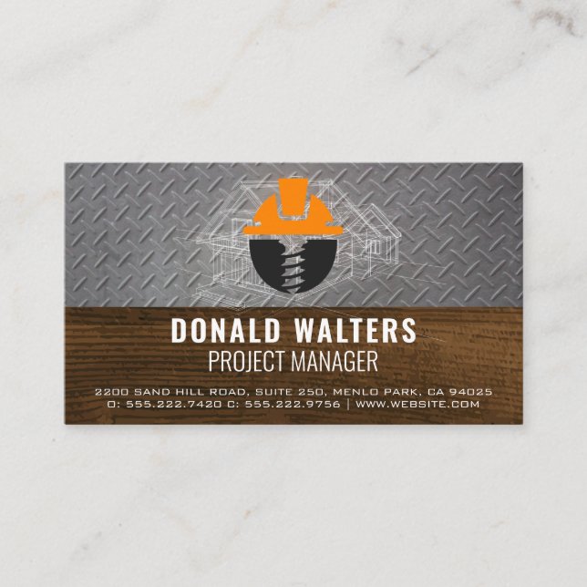 Construction Logo | Blueprints | Steel | Wood Business Card (Front)