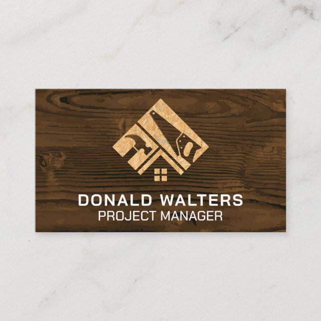 Construction Logo | Blueprints | Wood  Business Card (Front)