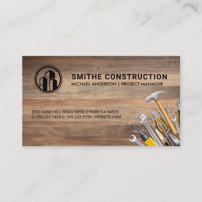 Construction Logo | Hand Tools | Wood Background Business Card (Front)