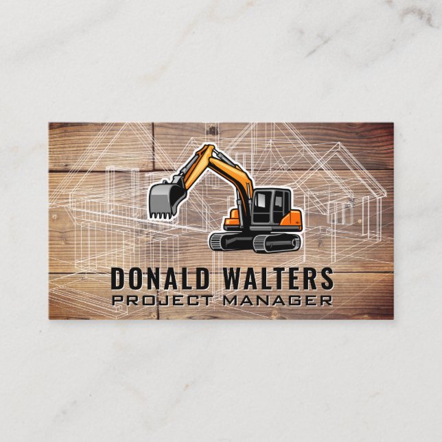 Construction Machinery Vehicle | Blueprint Wood Business Card (Front)