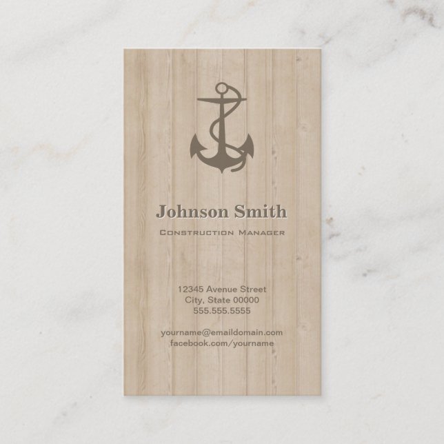 Construction Manager - Nautical Anchor Wood Business Card (Front)
