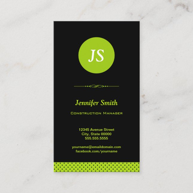 Construction Manager - Stylish Apple Green Business Card (Front)