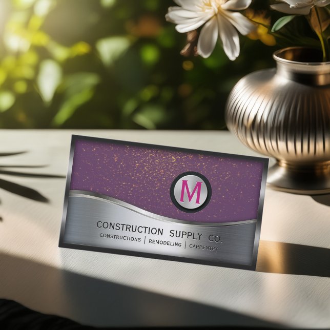Construction Monogram LOGO Silver Metal Purple Business Card (Creator Uploaded)