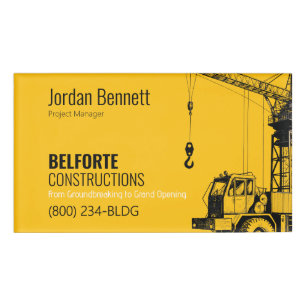Construction Name Tag, Yellow & Black Crane Design Tag
