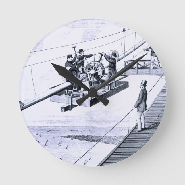Construction of Brooklyn Bridge, New York (litho) Round Clock (Front)