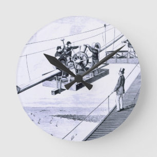 Construction of Brooklyn Bridge, New York (litho) Round Clock