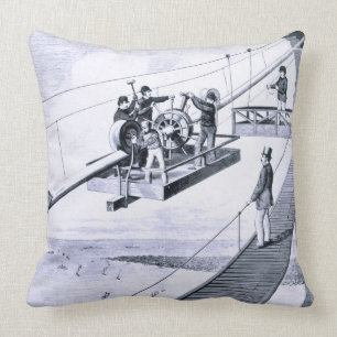 Construction of Brooklyn Bridge, New York (litho) Throw Pillow