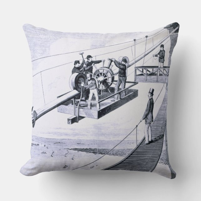 Construction of Brooklyn Bridge, New York (litho) Throw Pillow (Front)