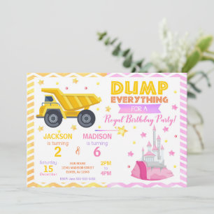 Construction & Princess Joint Siblings Birthday Invitation