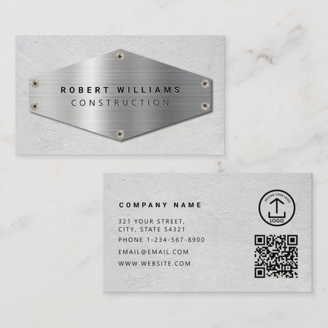 Construction QR Code Metallic Silver Concrete Business Card (Front/Back)