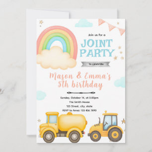 Construction Rainbow Birthday Party Invitation