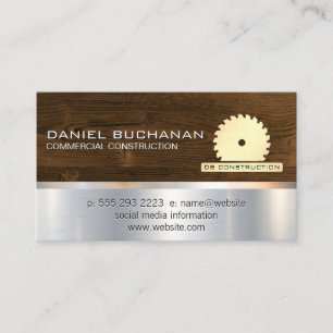 Construction Saw and Wood Metallic Background Business Card