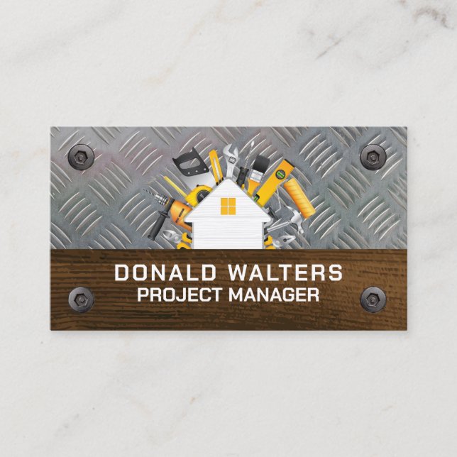 Construction | Sheet Metal Steel | Wood | Screws Business Card (Front)