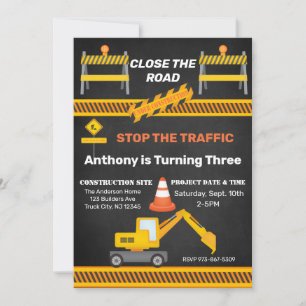 Construction Site Close The Road Kids Birthday Invitation