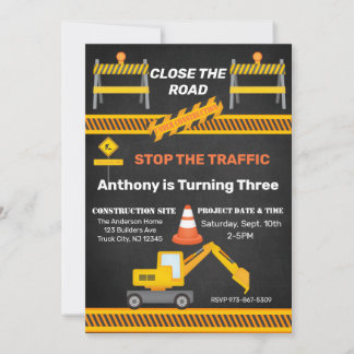 Construction Site Close The Road Kids Birthday  Invitation