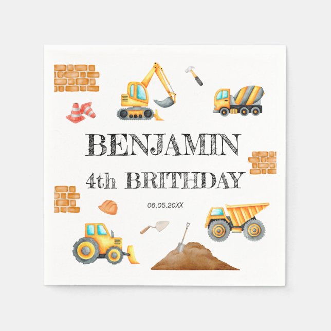 Construction Site Dump Truck Digger Birthday Party Napkin (Front)