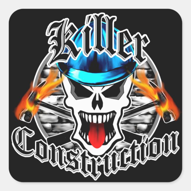 Construction Skull with Blue Hard Hat Square Sticker (Front)
