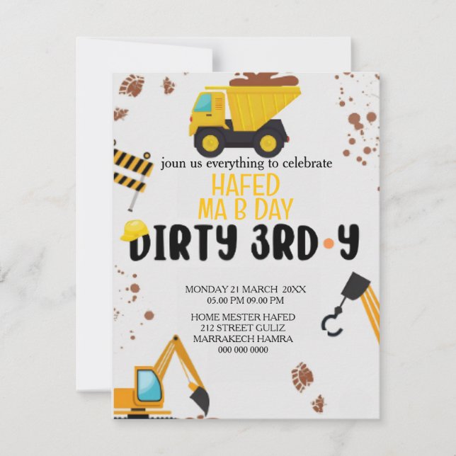 Construction Theme 3rd Birthday Invitation Dirty 3 (Front)