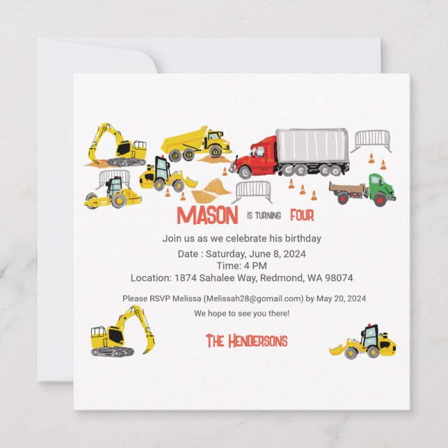 Construction Thème Anniversaire Fête Invitation (Devant)
