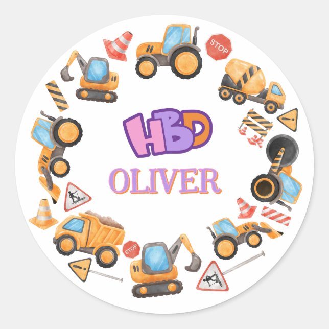 Construction Theme Birthday Party Classic Round Sticker (Front)