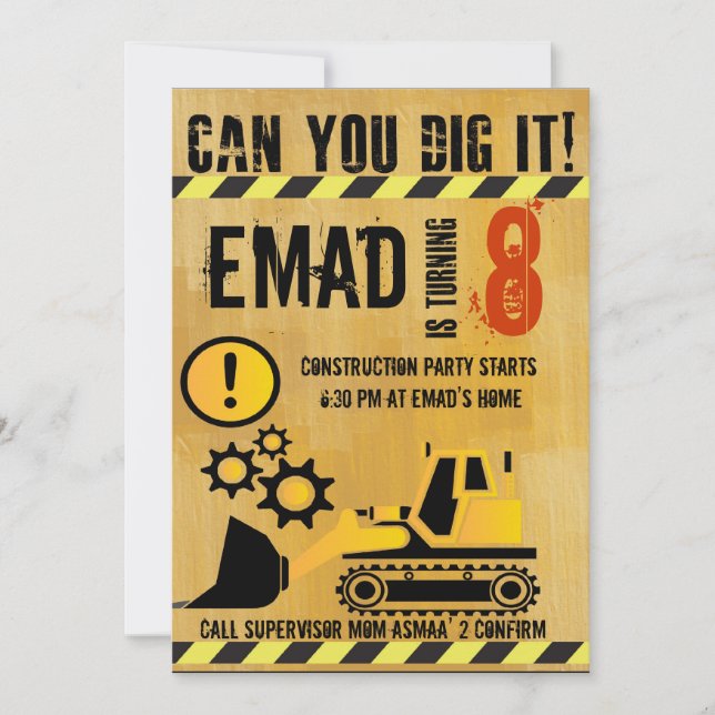 Construction theme brithday party invitation (Front)