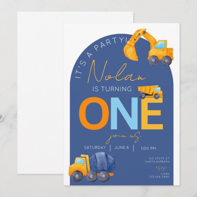  Construction Theme First Birthday Invitation (Front/Back)