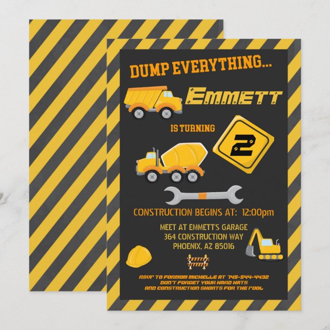 Construction Tools Boy Birthday Party Invitation (Front/Back)