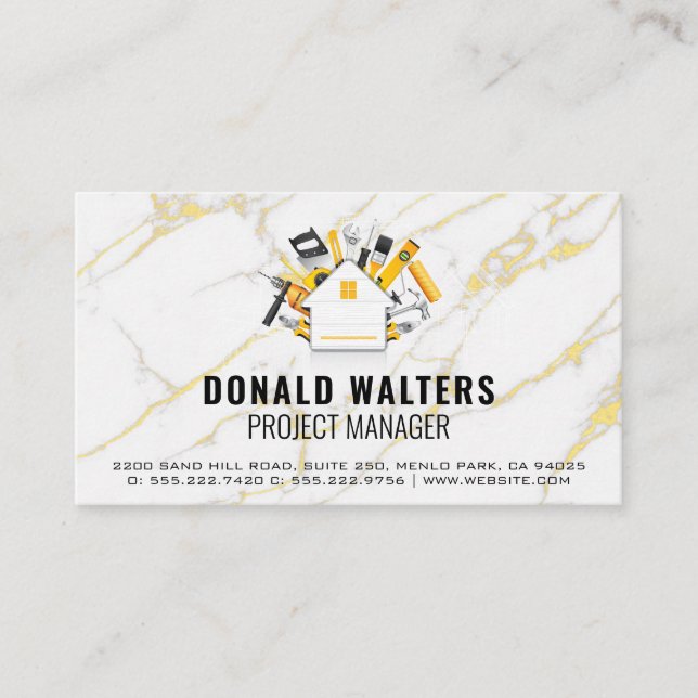 Construction Tools | Gold Flakes White Marble Business Card (Front)