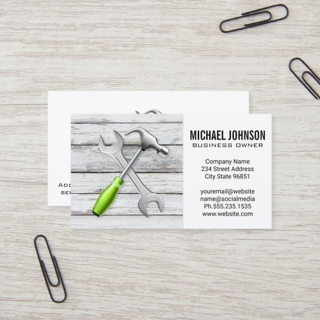 Construction Tools Hammer Wrench | Wood Background Business Card (Front/Back In Situ)