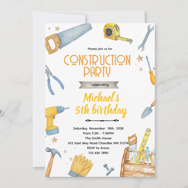 Construction Tools theme invitation (Devant)