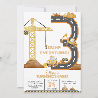 Construction Truck 3rd Birthday Invitation