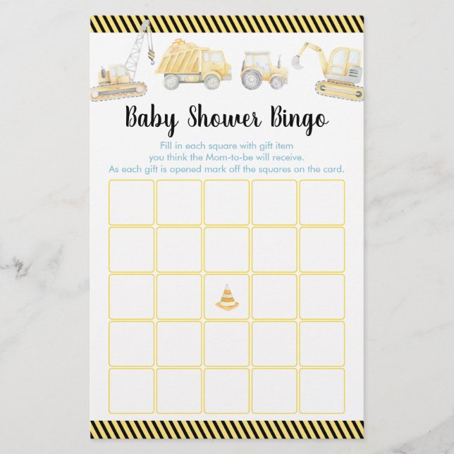 Construction Truck Baby Shower Bingo Game (Front)