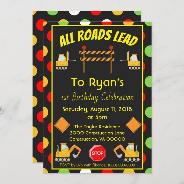 Construction Truck Birthday Party Polka Dot Fun Invitation (Front/Back)